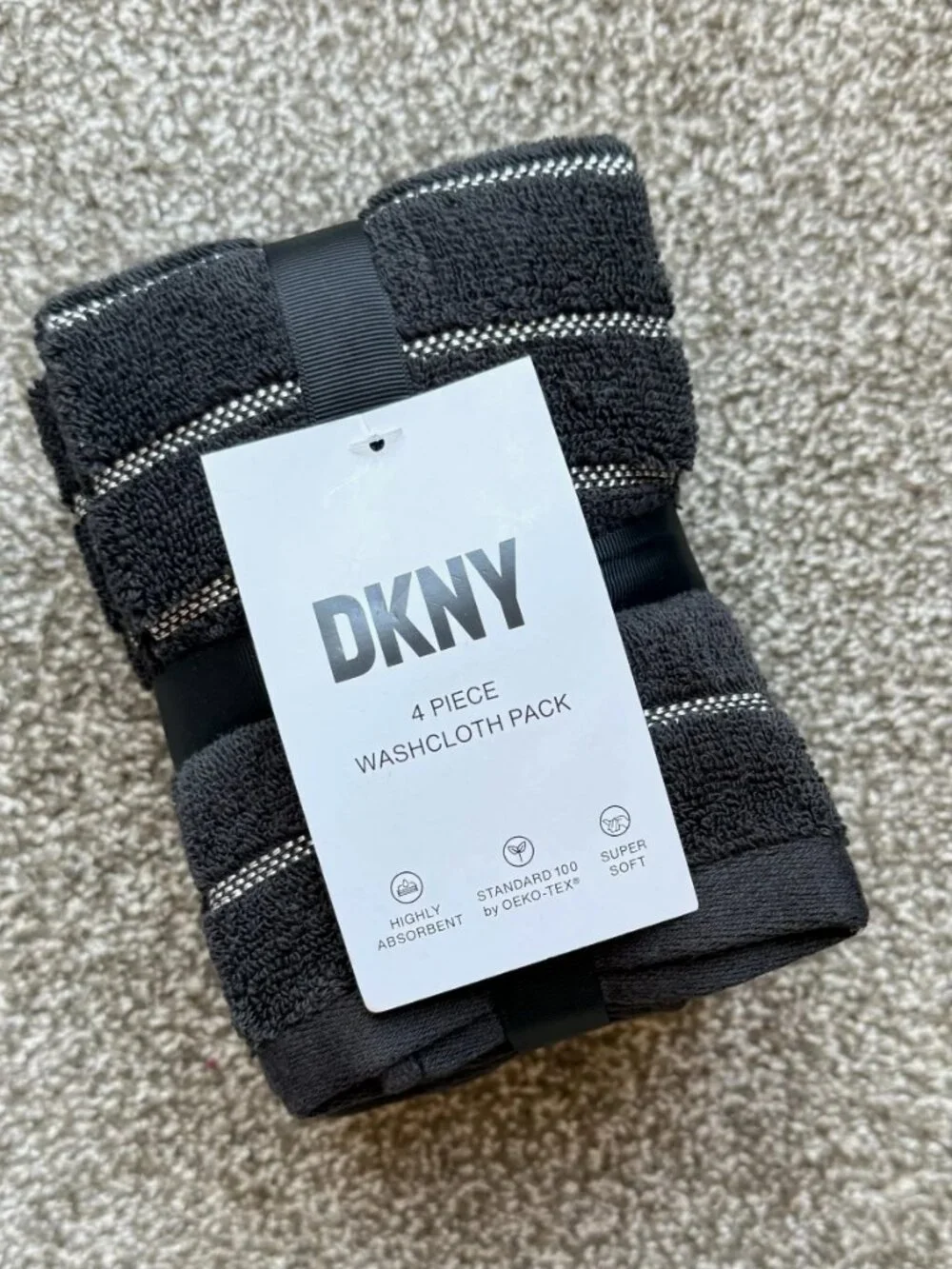 NWT DKNY 4-Piece Washcloth Pack Black Striped Cotton Towels Set